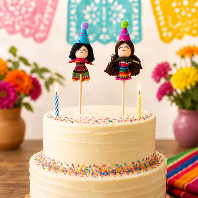 Two-tier birthday cake with colorful sprinkles, candles, and character toppers against a festive background.