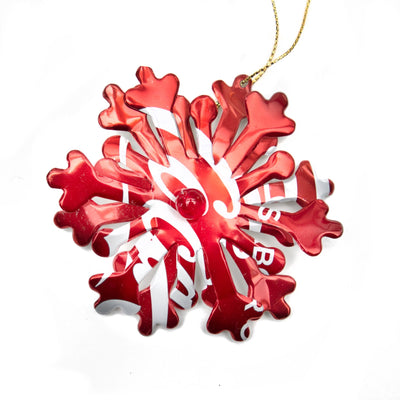 Recycled Soda Can Snowflake Ornament Hanging on Tree