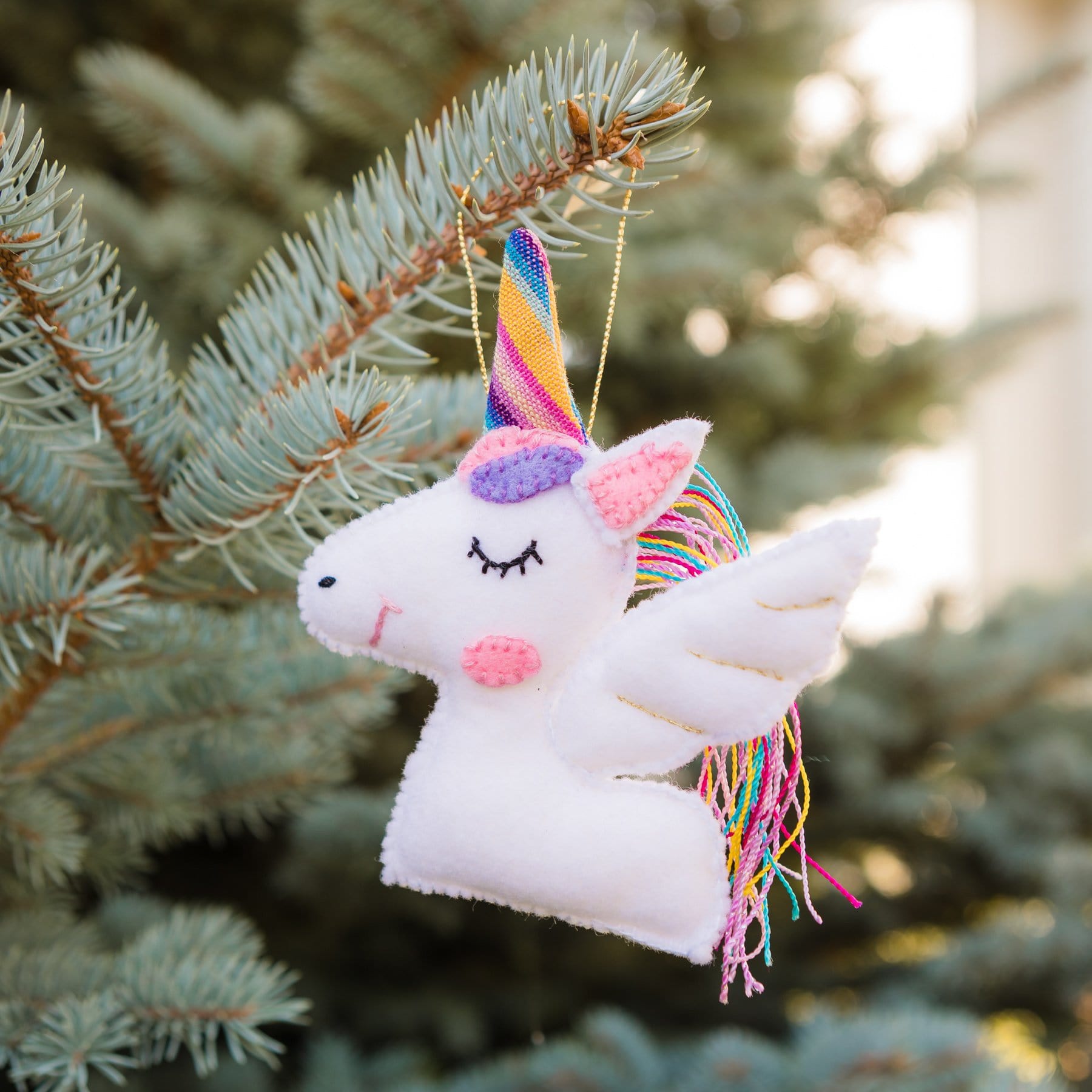 Handmade Felt Unicorn Ornament White Hanging on Tree